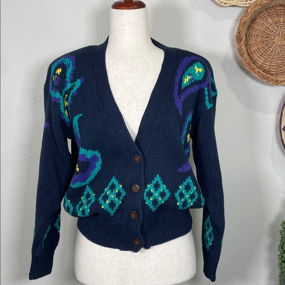 Vintage 90’s V-Neck Sweater Button up Cardigan Navy Teal Purple Size Small